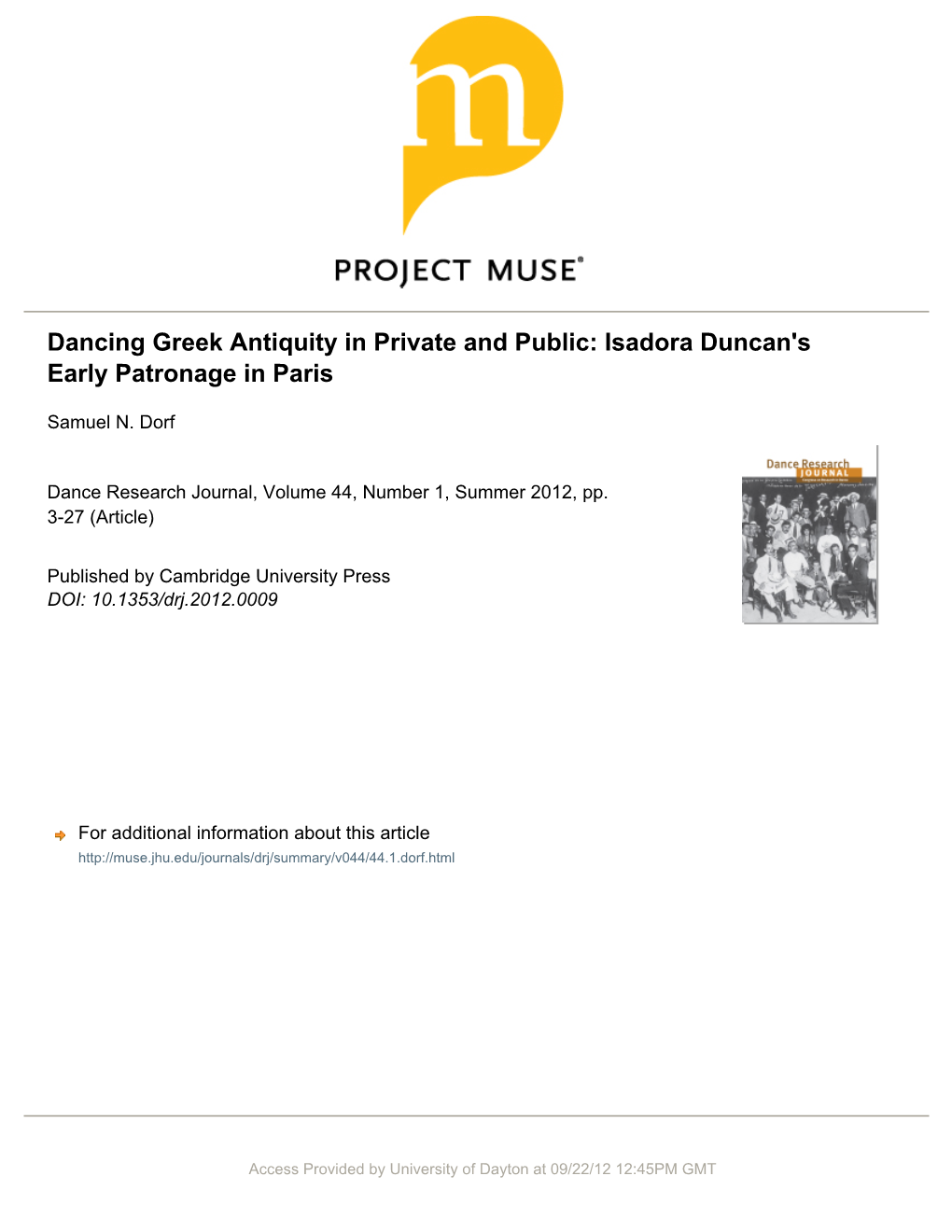 Dancing Greek Antiquity in Private and Public: Isadora Duncan's Early Patronage in Paris