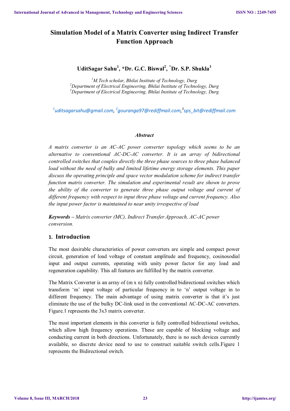 Simulation Model of a Matrix Converter Using Indirect Transfer Function Approach