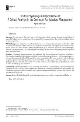 Positive Psychological Capital Concept: a Critical Analysis in the Context of Participatory Management Agnieszka Bożek1