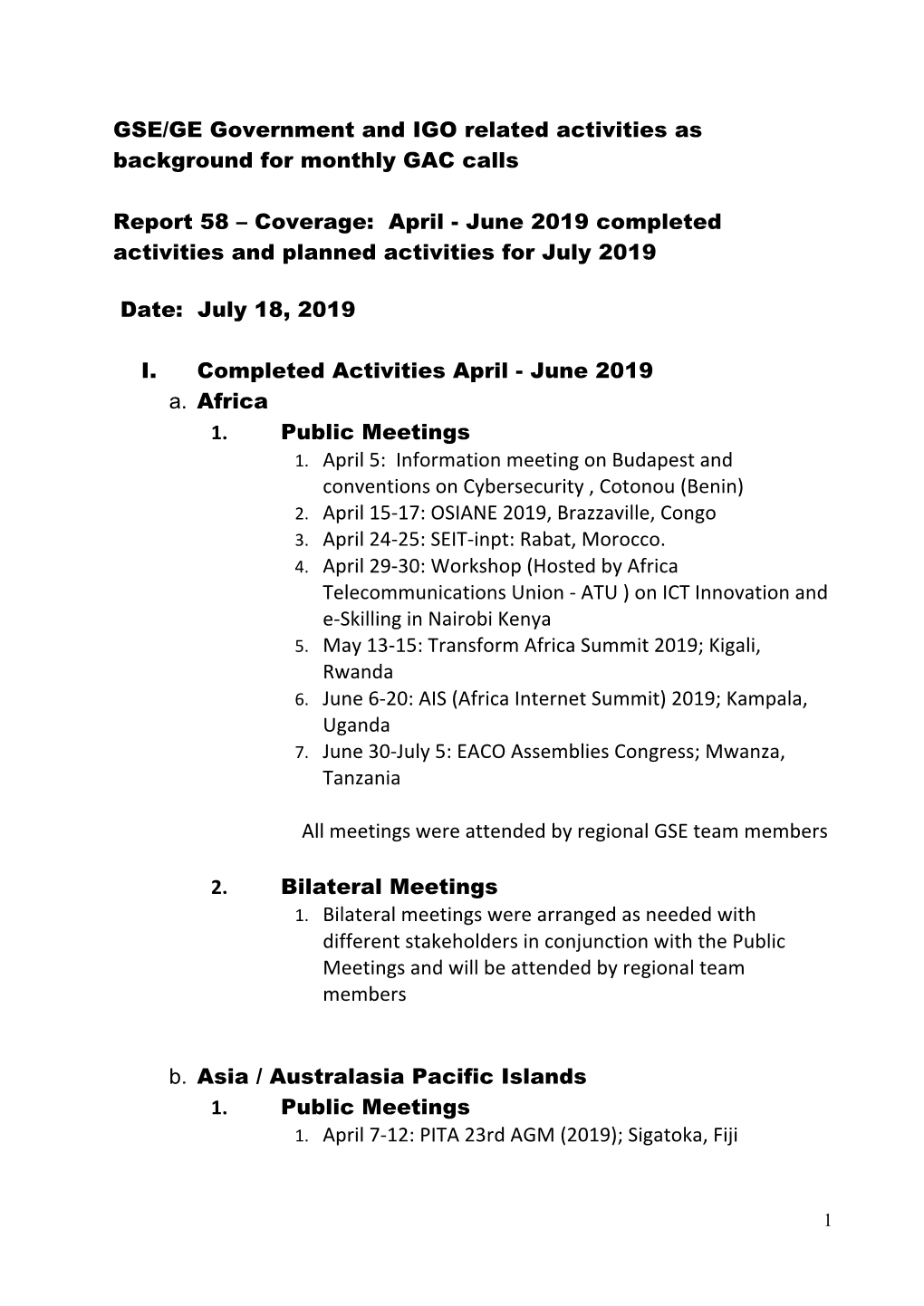 GSE/GE Government and IGO Related Activities As Background for Monthly GAC Calls