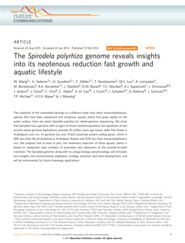 The Spirodela Polyrhiza Genome Reveals Insights Into Its Neotenous Reduction Fast Growth and Aquatic Lifestyle