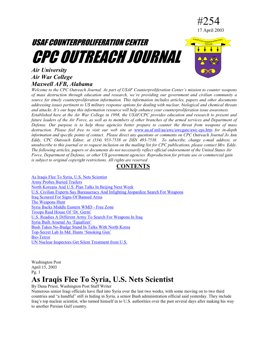 USAF Counterproliferation Center CPC Outreach Journal #254