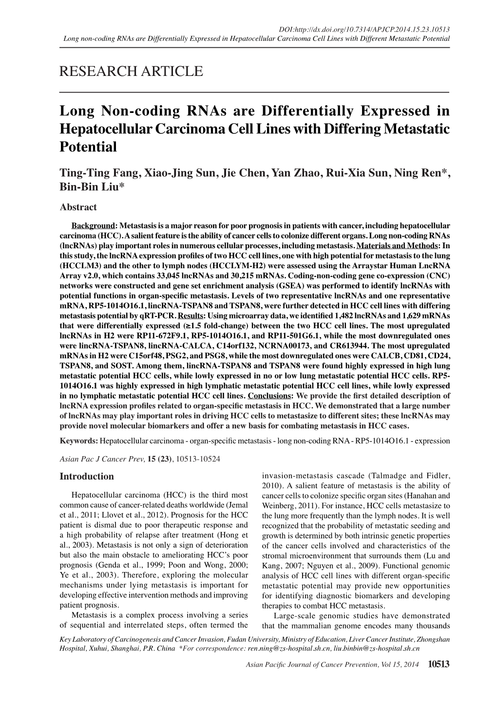 Long Non-Coding Rnas Are Differentially Expressed in Hepatocellular Carcinoma Cell Lines with Different Metastatic Potential