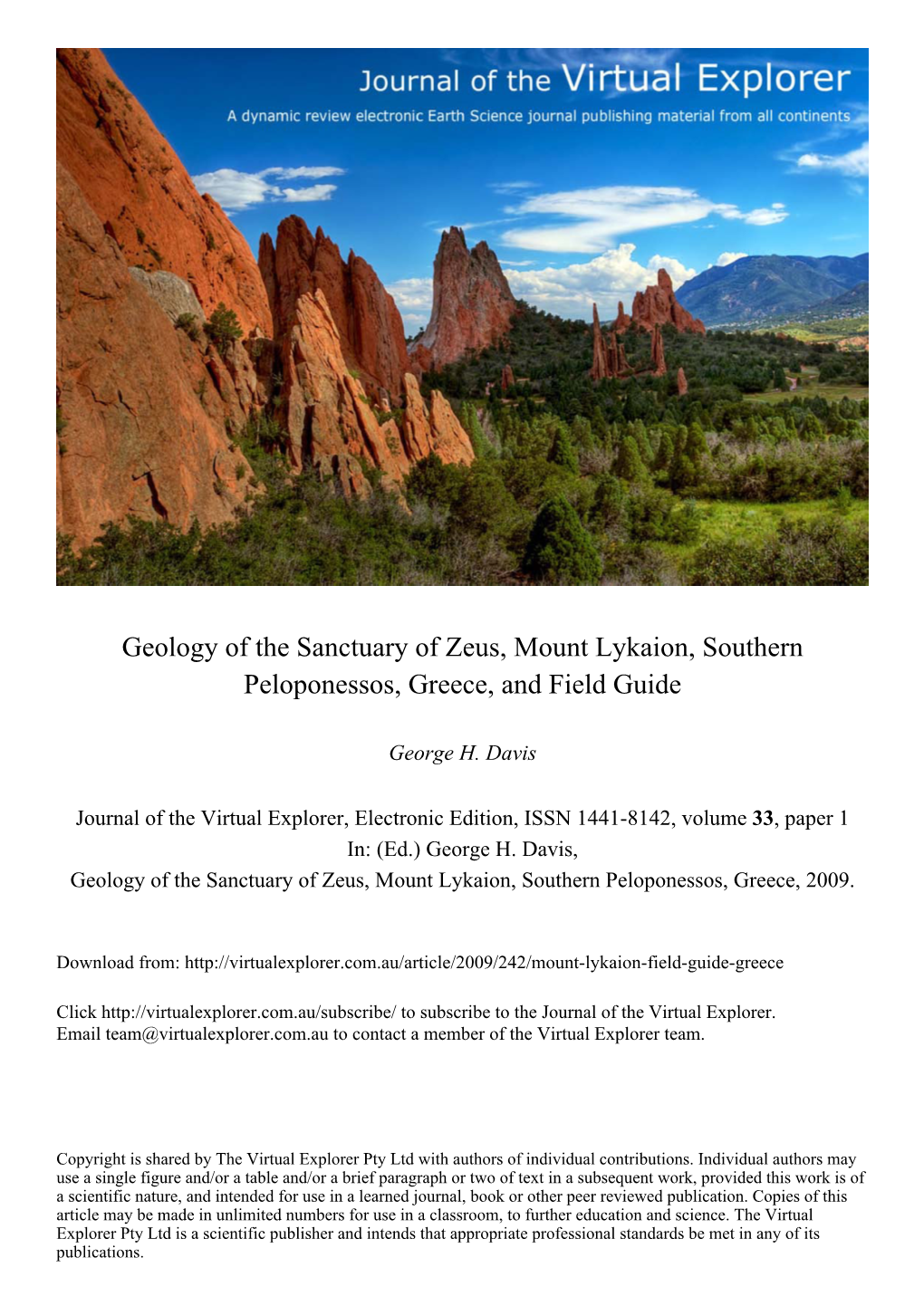 Geology of the Sanctuary of Zeus, Mount Lykaion, Southern Peloponessos, Greece, and Field Guide