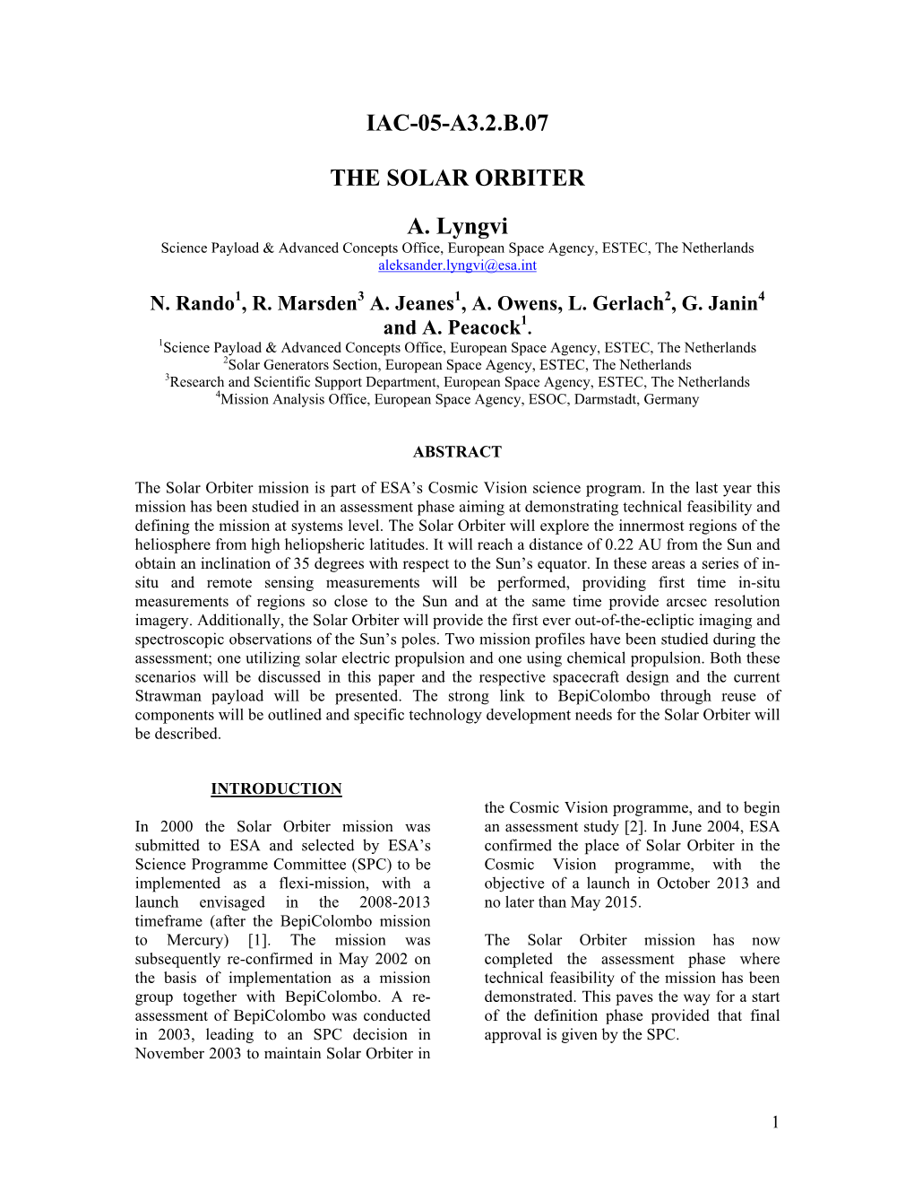 IAC-05-A3.2.B.07 the SOLAR ORBITER A. Lyngvi