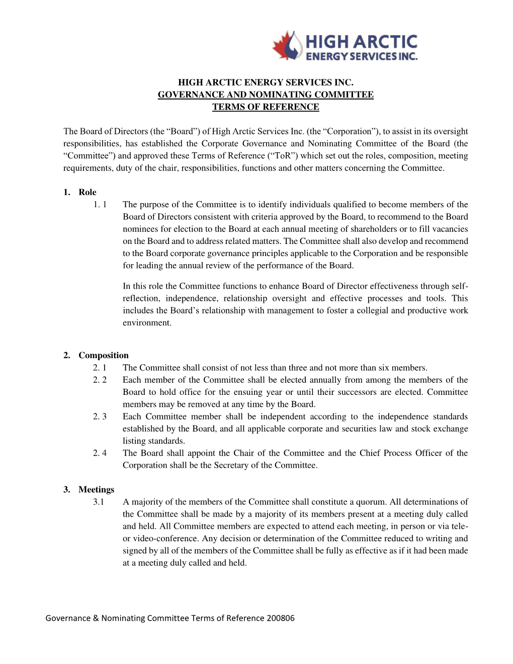 Governance and Nominating Committee Terms of Reference