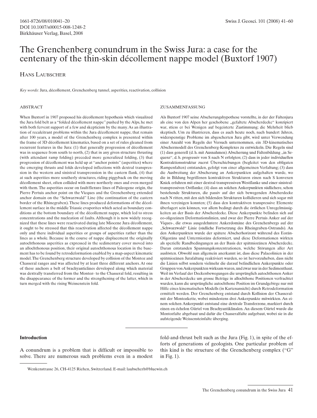 The Grenchenberg Conundrum in the Swiss Jura: a Case for the Centenary of the Thin-Skin Décollement Nappe Model (Buxtorf 1907)