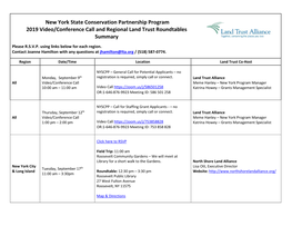 New York State Conservation Partnership Program 2019 Video/Conference Call and Regional Land Trust Roundtables Summary