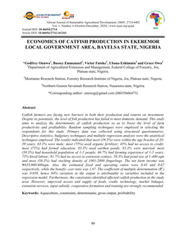 Economics of Catfish Production in Ekeremor Local Government Area, Bayelsa State, Nigeria