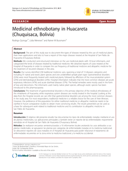 Medicinal Ethnobotany in Huacareta (Chuquisaca, Bolivia) Rodrigo Quiroga1*, Lidia Meneses2 and Rainer W Bussmann3