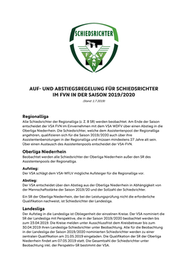 Auf- Und Abstiegsregelung Für Schiedsrichter Im FVN in Der Saison 2019/2020 (Stand: 1.7.2019)