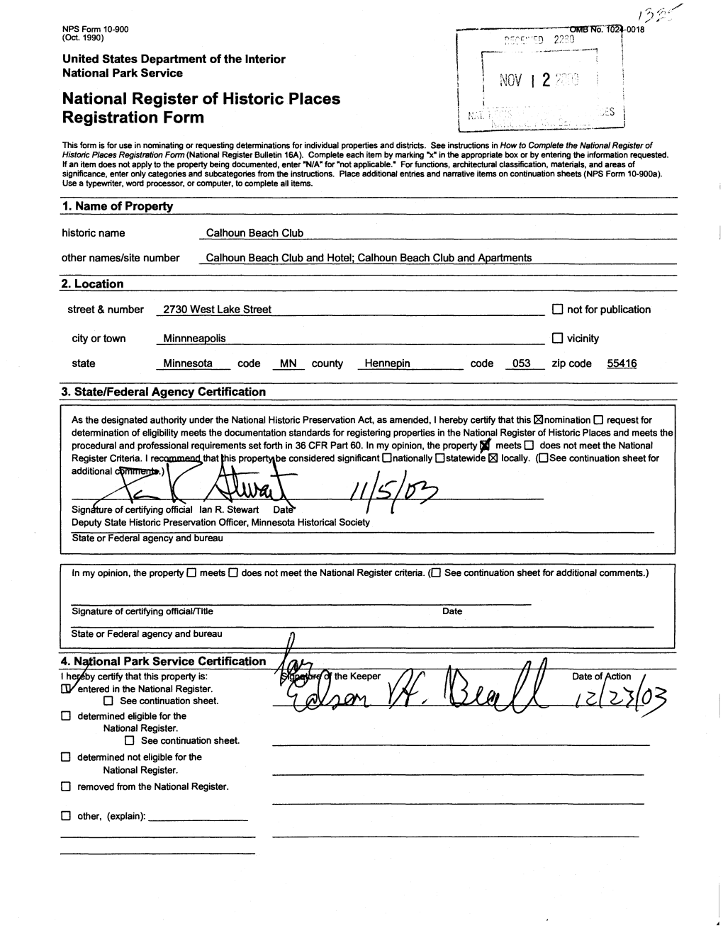 NOV I 2 National Register of Historic Places Registration Form