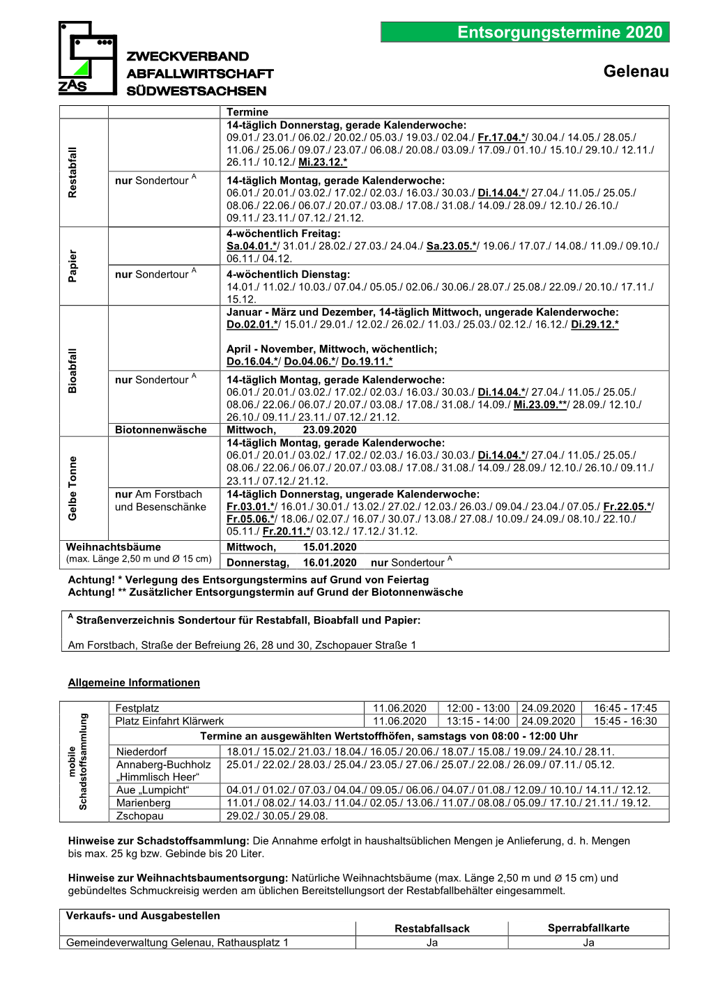 Entsorgungstermine 2020 Gelenau