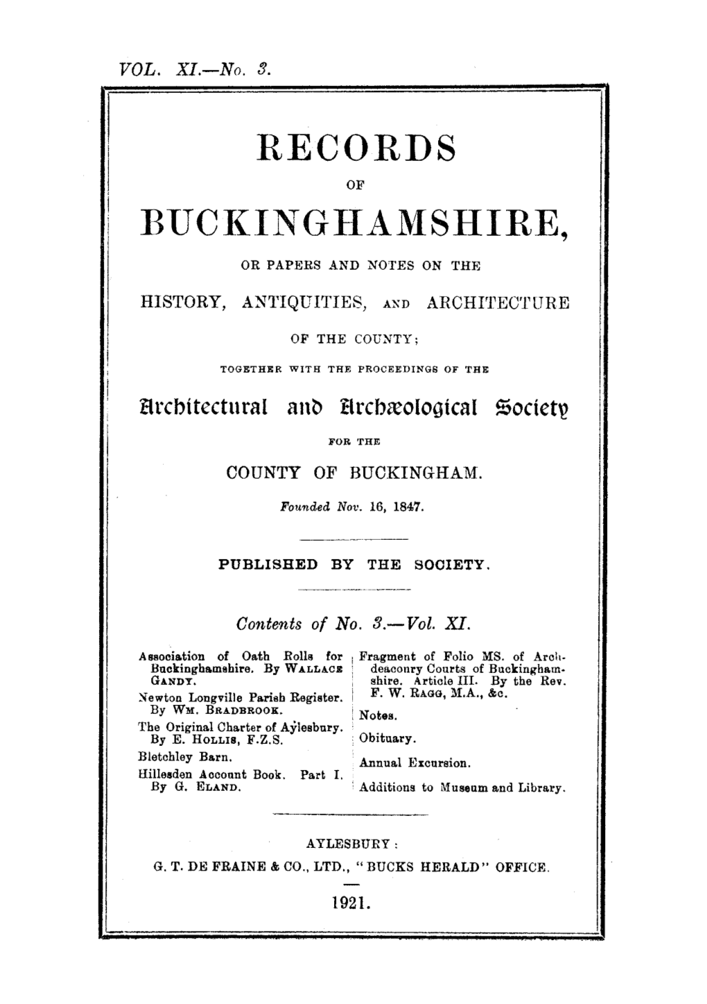 RECORDS BUCKINGHAMSHIRE, Architectural and Archaeological