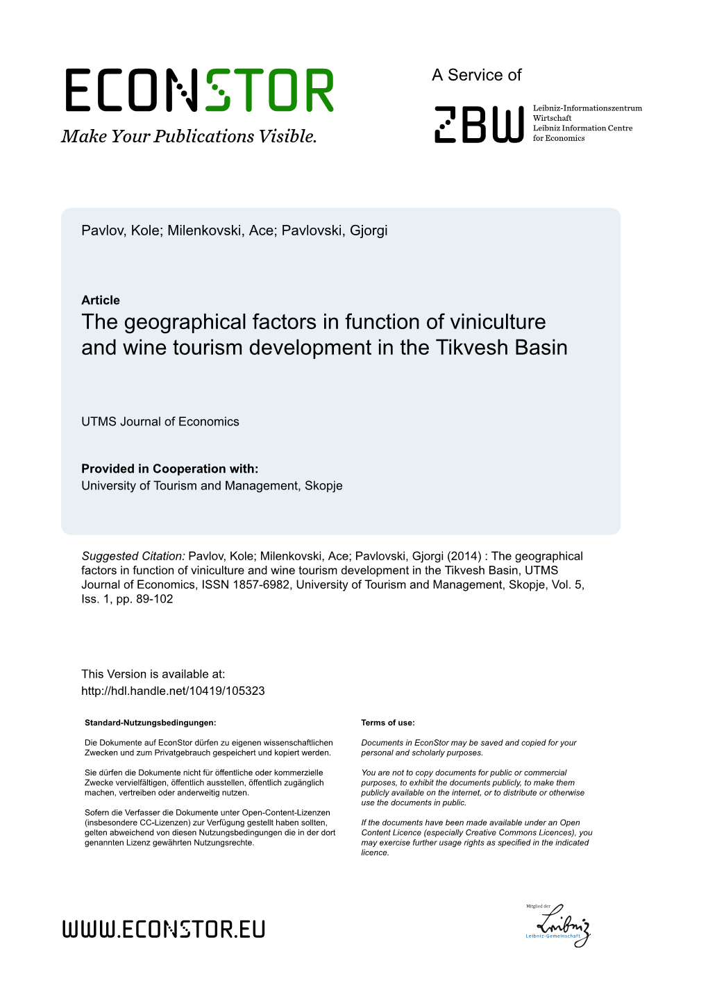 The Geographical Factors in Function of Viniculture and Wine Tourism Development in the Tikvesh Basin