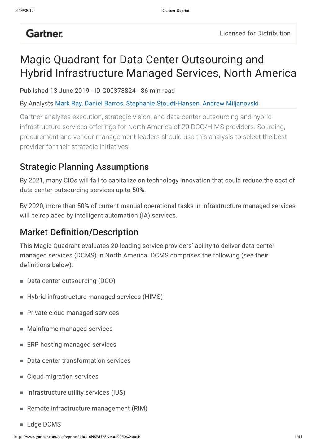 Magic Quadrant for Data Center Outsourcing and Hybrid Infrastructure Managed Services, North America