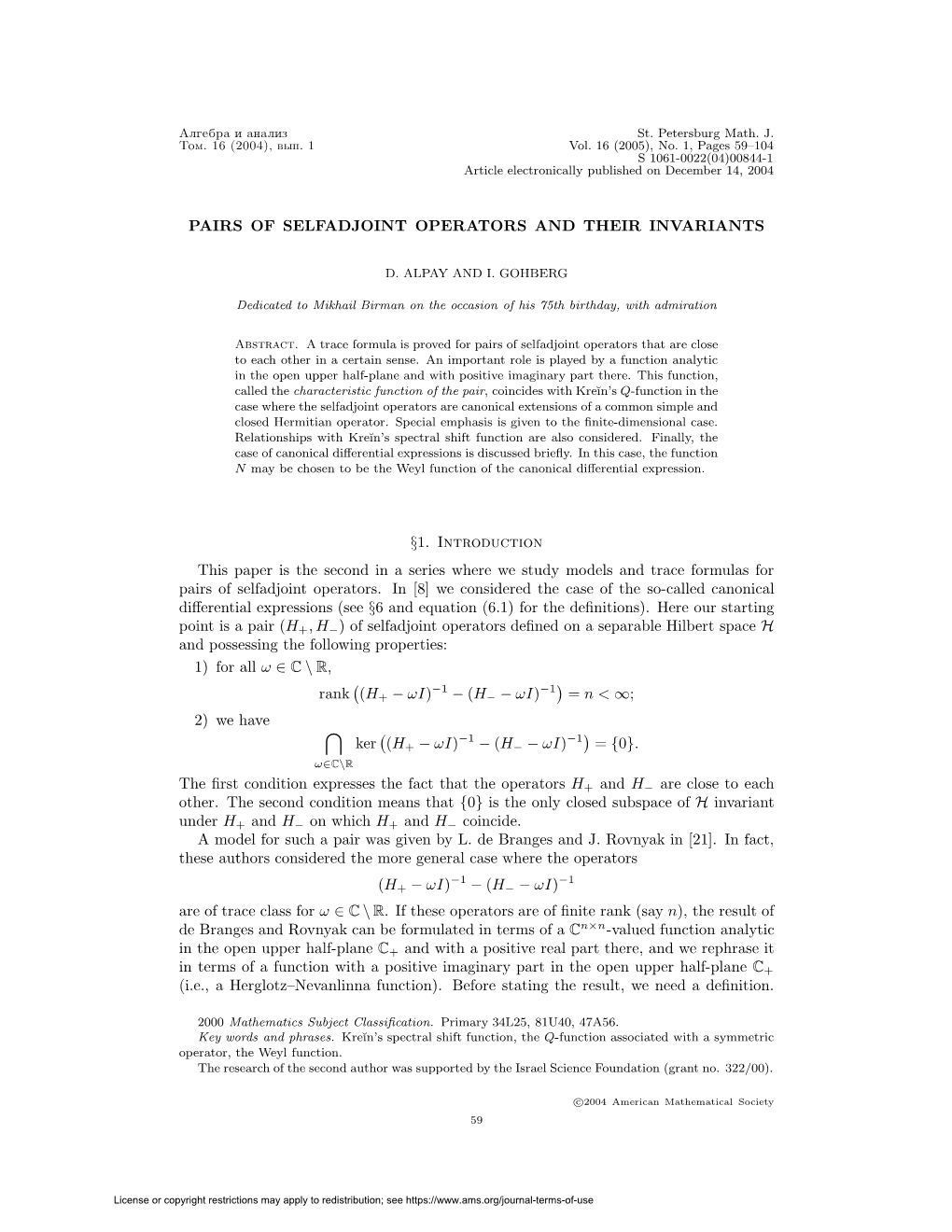 Pairs of Selfadjoint Operators and Their Invariants