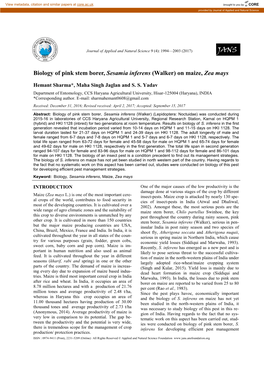 Biology of Pink Stem Borer, Sesamia Inferens (Walker) on Maize, Zea Mays