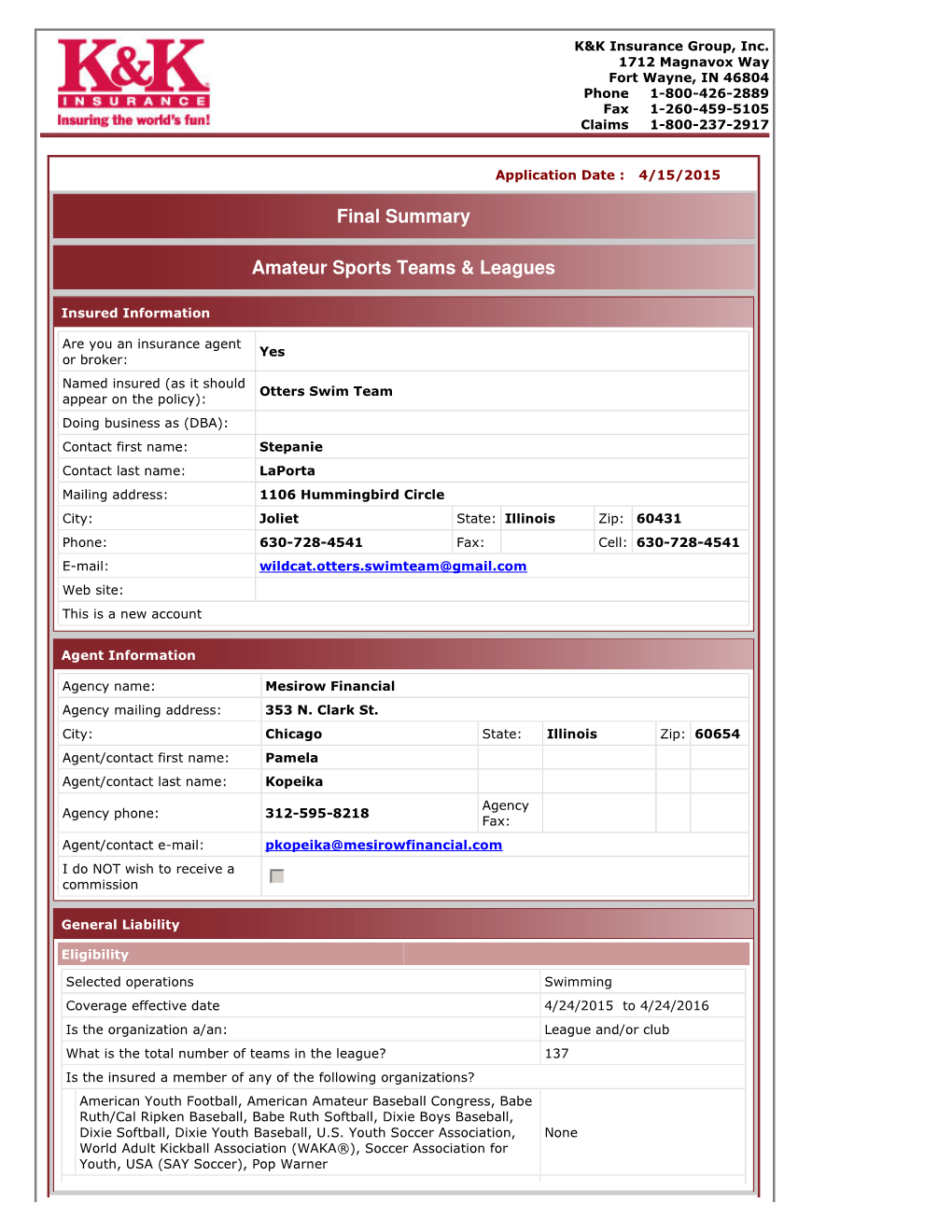 Final Summary Amateur Sports Teams & Leagues