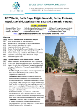 8D7N India, Bodh Gaya, Rajgir, Nalanda, Patna, Kusinara, Nepal, Lumbini, Kapilavatthu, Savatthi, Sarnath, Varanasi