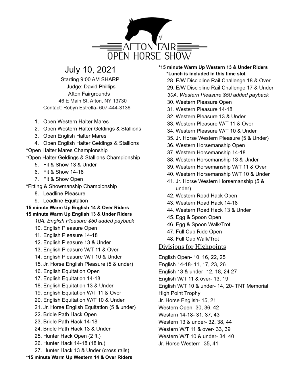 Afton Fair Open Horse Show Class List