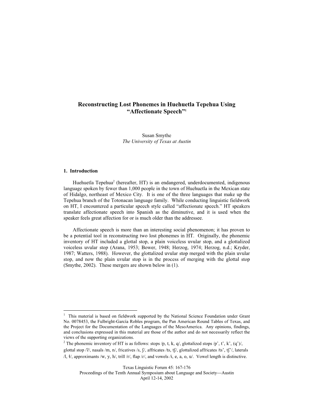 Reconstructing Lost Phonemes in Huehuetla Tepehua Using “Affectionate Speech”1