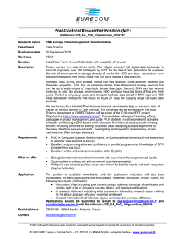 Post-Doctoral Researcher Position (M/F) (Reference: DS RA Phd Oligoarchive 092019)*