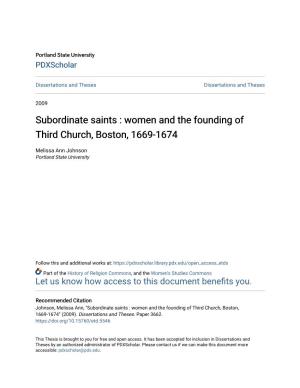 Women and the Founding of Third Church, Boston, 1669-1674