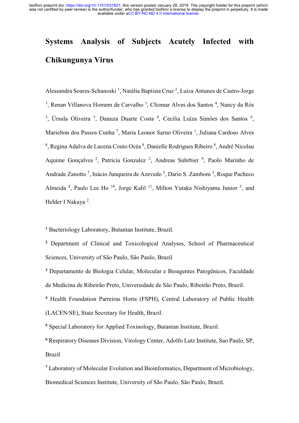 Systems Analysis of Subjects Acutely Infected with Chikungunya Virus