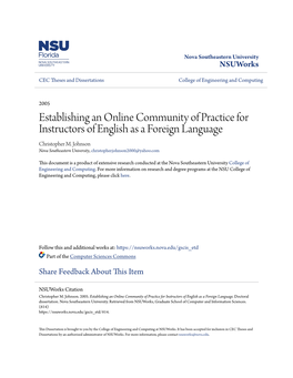 Establishing an Online Community of Practice for Instructors of English As a Foreign Language Christopher M