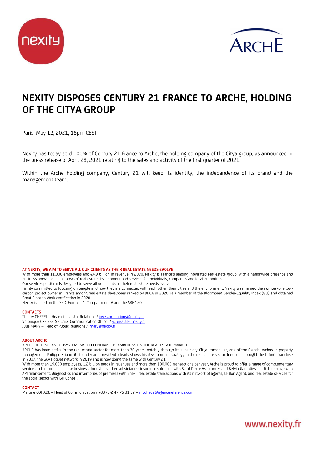 Nexity Disposes Century 21 France to Arche, Holding of the Citya Group