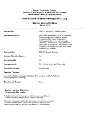 BIO-210 Introduction to Biotechnology