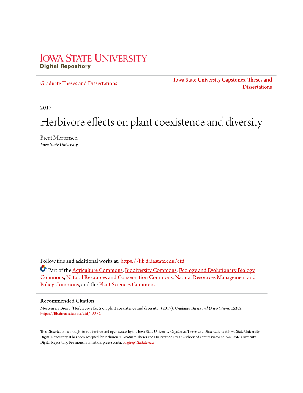 Herbivore Effects on Plant Coexistence and Diversity Brent Mortensen Iowa State University