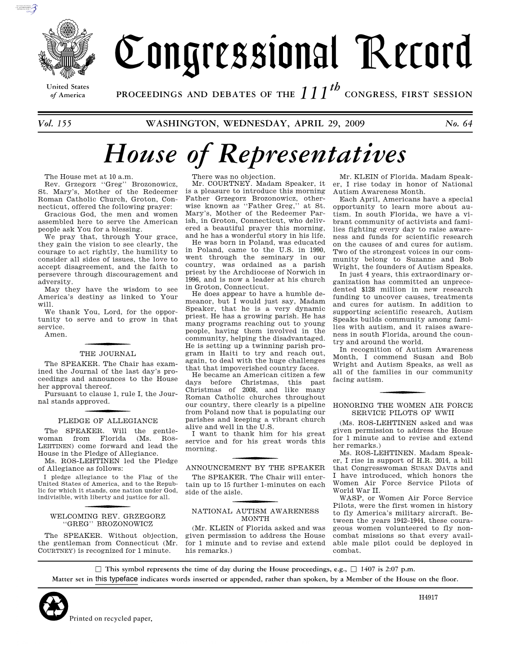 Congressional Record United States Th of America PROCEEDINGS and DEBATES of the 111 CONGRESS, FIRST SESSION