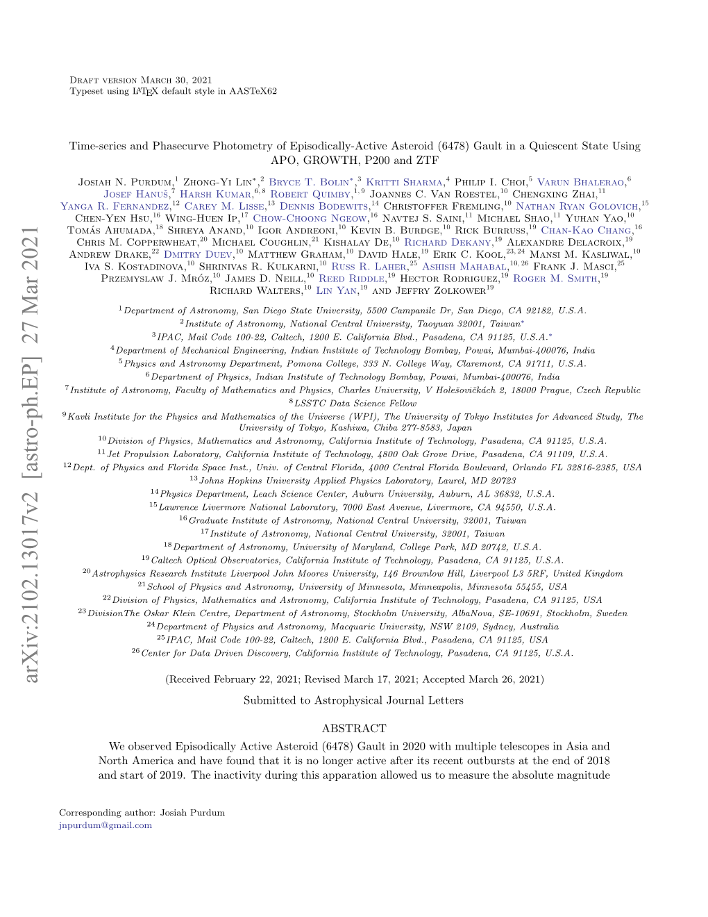 Arxiv:2102.13017V2 [Astro-Ph.EP] 27 Mar 2021 (Received February 22, 2021; Revised March 17, 2021; Accepted March 26, 2021) Submitted to Astrophysical Journal Letters