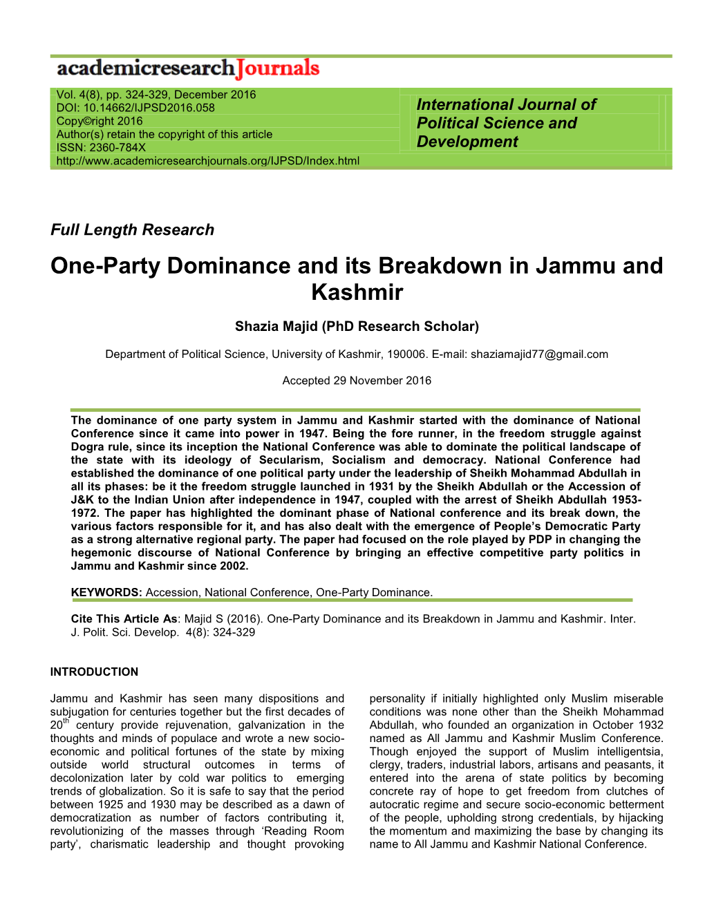 One-Party Dominance and Its Breakdown in Jammu and Kashmir