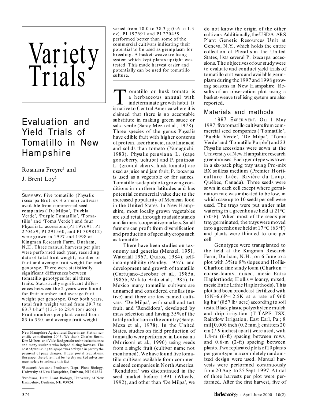 Evaluation and Yield Trials of Tomatillo in New Hampshire