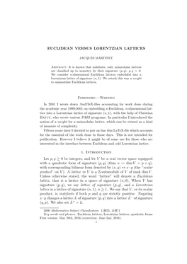 EUCLIDEAN VERSUS LORENTZIAN LATTICES 1. Introduction Let P, Q