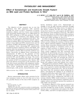 PHYSIOLOGY and MANAGEMENT Effect of Somatotropin and Insulin-Like Growth Factor-I on Milk Lipid and Protein Synthesis in Vitro1