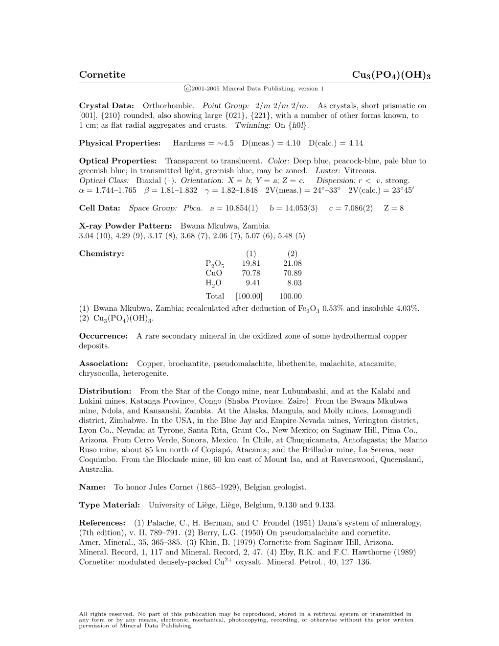 Cornetite Cu3(PO4)(OH)3 C 2001-2005 Mineral Data Publishing, Version 1