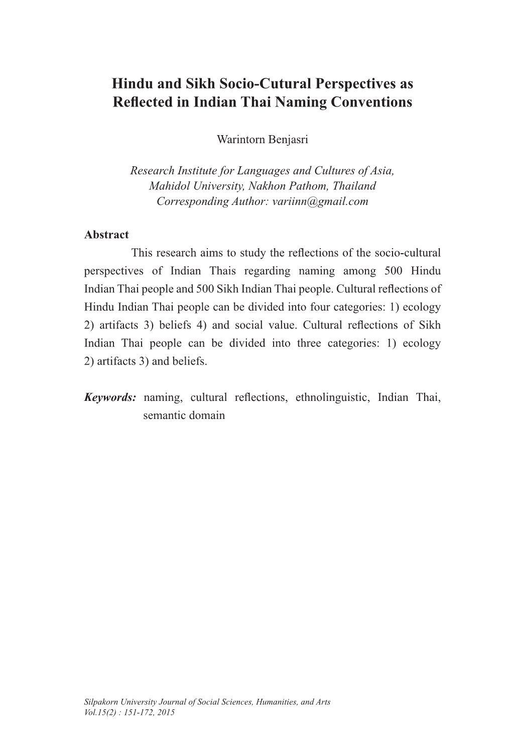 Hindu and Sikh Socio-Cutural Perspectives As Reflected in Indian Thai Naming Conventions