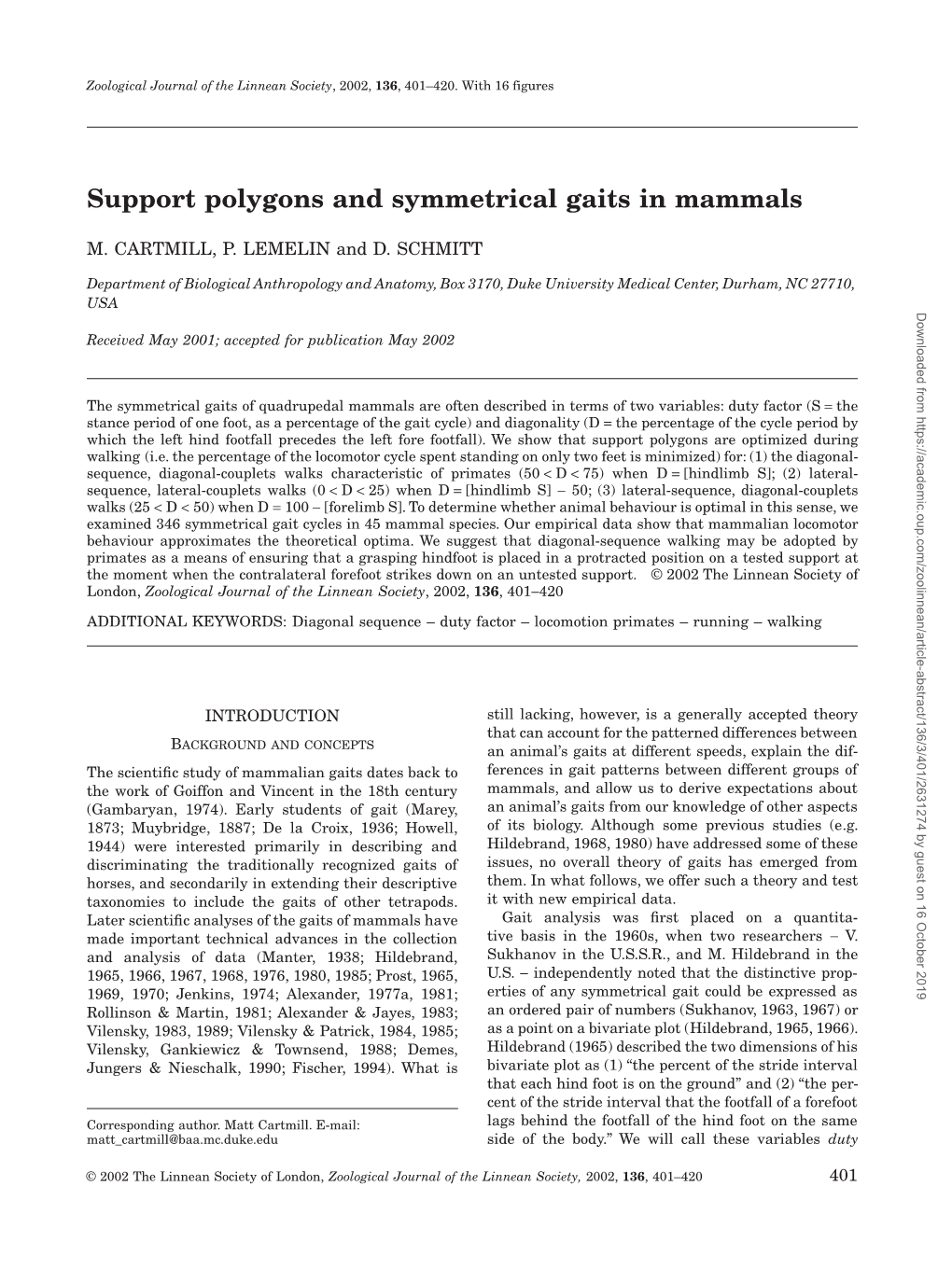 Cartmill Et Al 2002 Support Polygons and Symmetrical Gaits in Mammals