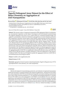 Taguchi Orthogonal Array Dataset for the Effect of Water Chemistry on Aggregation of Zno Nanoparticles