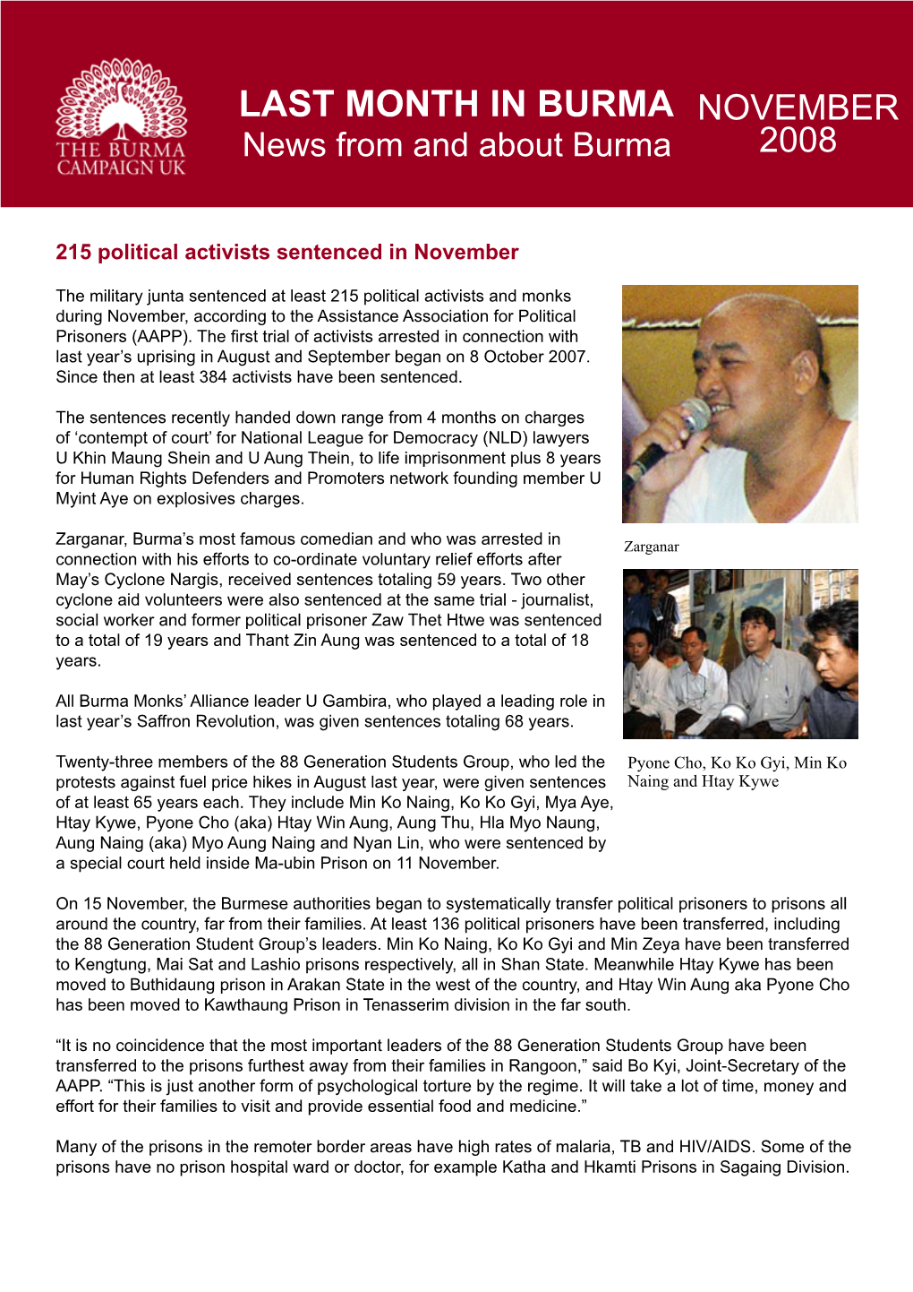 LAST MONTH in BURMA NOVEMBER News from and About Burma 2008