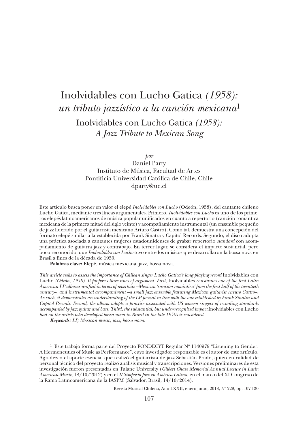 Inolvidables Con Lucho Gatica (1958): Un Tributo Jazzístico a La Canción Mexicana1 Inolvidables Con Lucho Gatica (1958): a Jazz Tribute to Mexican Song