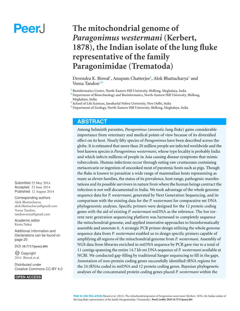 The Mitochondrial Genome of Paragonimus Westermani (Kerbert, 1878), the Indian Isolate of the Lung Fluke Representative of the Family Paragonimidae (Trematoda)