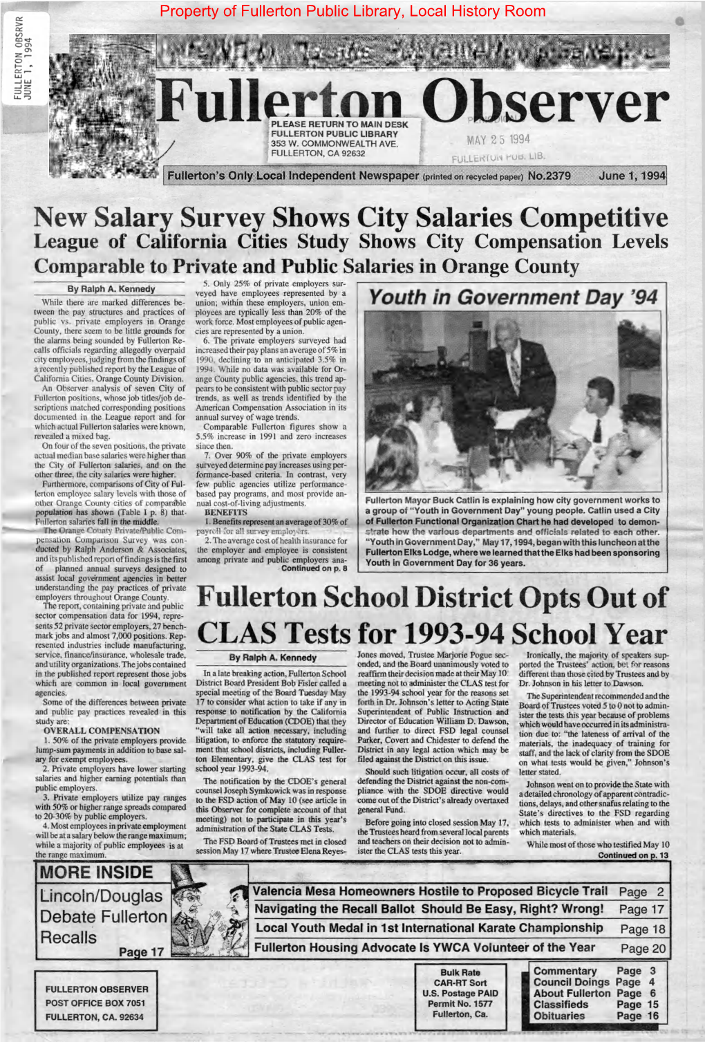 FULLERTON OBSERVER NEWS June 1,1994 Valencia Mesa Homeowners Hostile to Planned Bicycle Trail by Ralph A