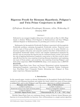 Rigorous Proofs for Riemann Hypothesis, Polignac's and Twin
