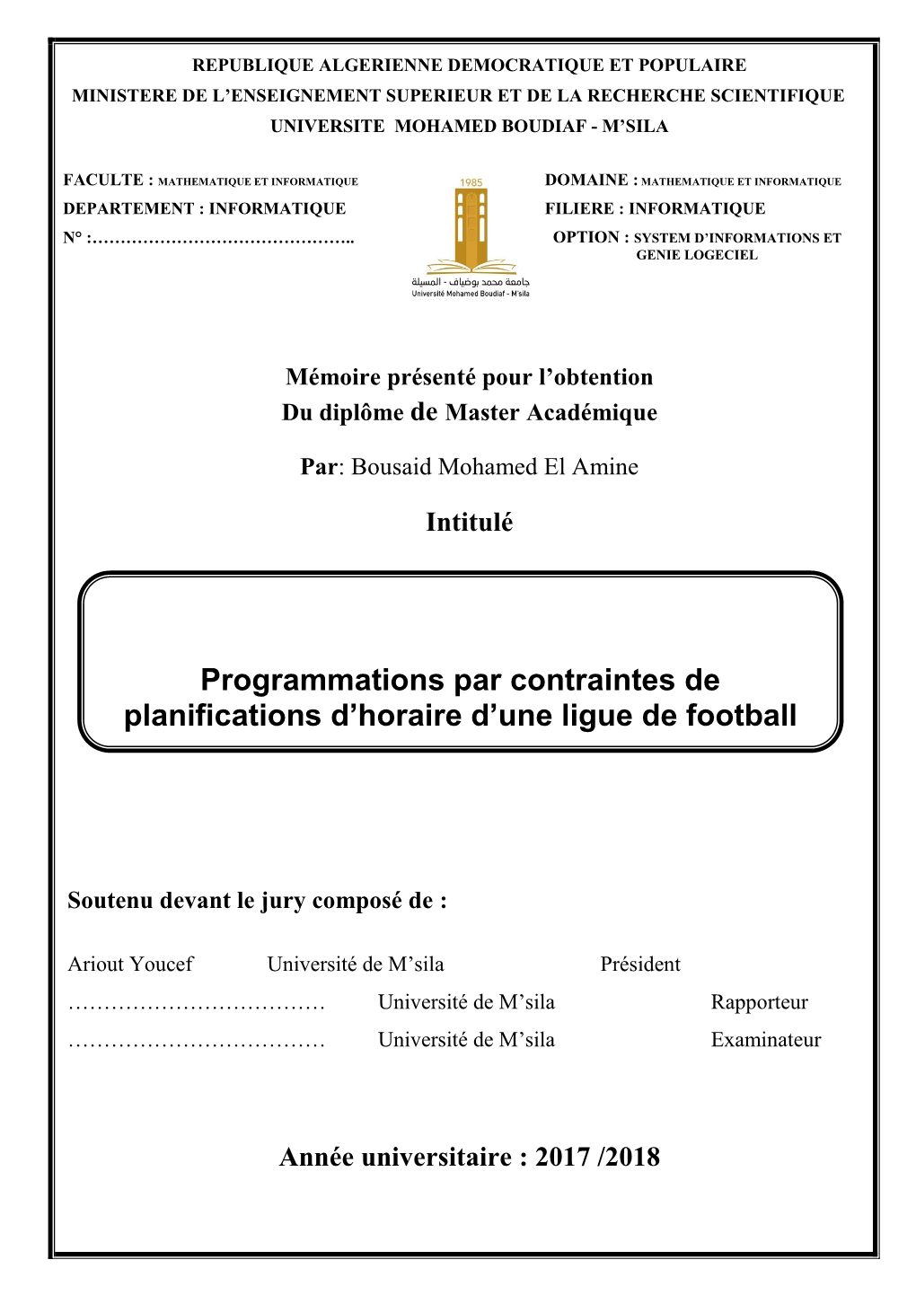 Chapitre I: Le Problème De Planification D'une Ligue