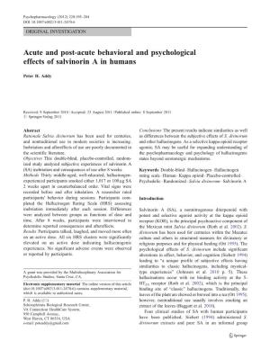 Acute and Post-Acute Behavioral and Psychological Effects of Salvinorin a in Humans